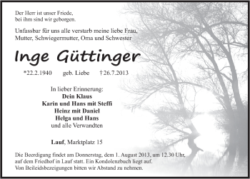 Traueranzeige von Inge Güttinger von Pegnitz-Zeitung
